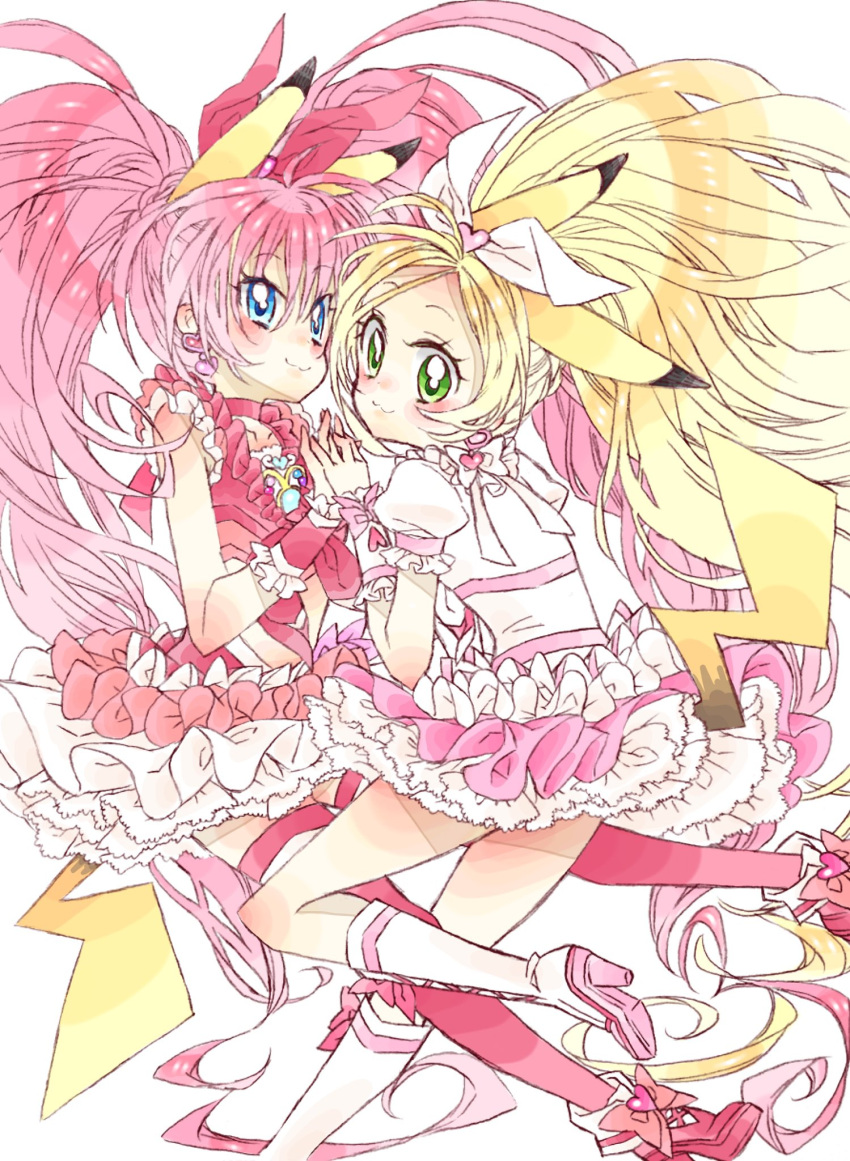 2girls, 63snrk, :3, blonde_hair, blue_eyes, blush, bow, choker, cosplay, cure_melody, cure_module, cure_rhythm, dress, earrings, frilled_dress, frills, green_eyes, hair_bow, heart, heart_earrings, highres, holding_hands, houjou_hibiki, jewelry, midriff, minamino_kanade, multiple_girls, pikachu, pikachu_(cosplay), pink_bow, pink_choker, pink_hair, pink_wrist_cuffs, pokemon, ponytail, precure, suite_precure, thigh-highs, twintails, white_choker, white_dress, wrist_cuffs