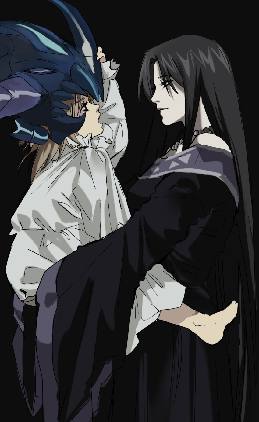 1boy, 1girl, adjusting_clothes, adjusting_headwear, bare_shoulders, black_dress, black_hair, blonde_hair