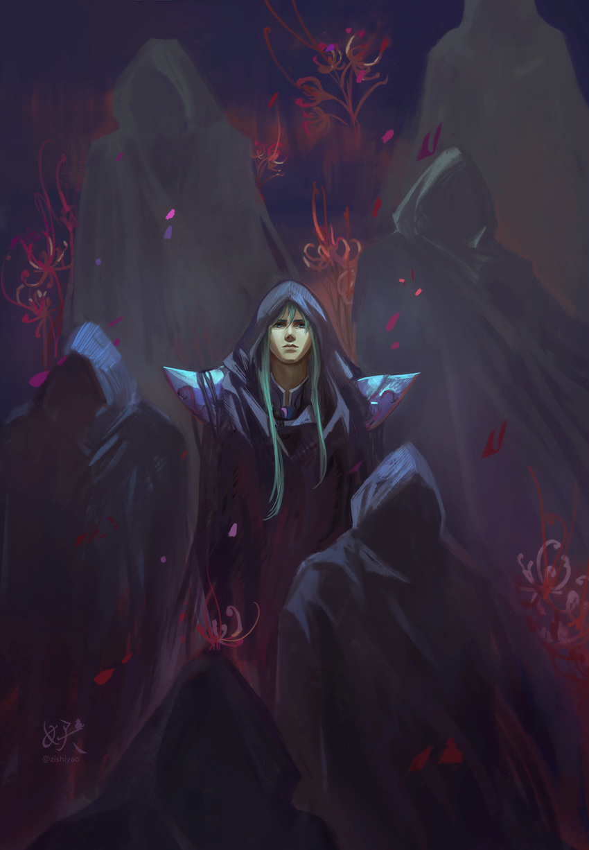 1boy, 6+others, aquarius_camus, armor, blue_eyes, blue_hair, cloak, highres