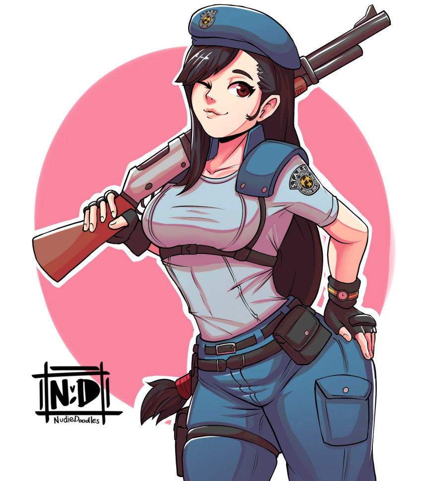 1girl, beret, black_gloves, black_hair, blue_hat, blue_pants, blue_shirt, cosplay
