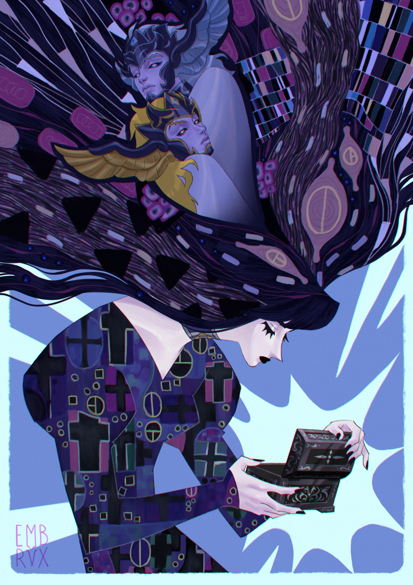 1girl, 2boys, absurdres, black_dress, black_hair, black_helmet, black_lips, black_nails, black_sclera, blending, blonde_hair, box, brothers, closed_eyes, colored_sclera, dress, embrvx, expressionless, eyelashes, fingernails, floating_hair, gold_trim, grey_eyes, grey_hair, gustav_klimt_(style), head_wings, helmet, highres, holding, holding_box, hypnos_(saint_seiya), jewelry, juliet_sleeves, lipstick, long_fingernails, long_hair, long_sleeves, looking_at_viewer, makeup, metal_wings, multiple_boys, nail_polish, neck_ring, opening, pale_skin, pandora_(saint_seiya), parody, puffy_sleeves, saint_seiya, siblings, sleeves_past_wrists, solo_focus, style_parody, thanatos_(saint_seiya), twins, two-tone_headwear, u_u, upper_body, very_long_hair, winged_helmet, wings, yellow_sclera