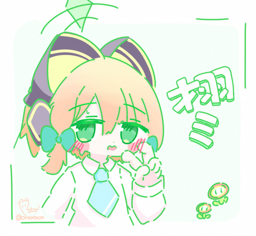 1girl, animal_ear_headphones, animal_ears, aqua_background, aqua_necktie, artist_name, blonde_hair, blue_archive, blush, blush_stickers, border, bow, cat_ear_headphones, cat_ears, character_name, collared_shirt, commentary, cropped_arms, dot_nose, fake_animal_ears, fire_flower, green_bow, green_eyes, green_halo, hair_between_eyes, hair_bow, halo, hand_up, headphones, long_sleeves, looking_at_viewer, low-tied_sidelocks, medium_hair, midori_(blue_archive), necktie, no_jacket, onrataon, open_mouth, parted_bangs, school_uniform, shirt, sidelocks, signature, simple_background, solo, sweatdrop, twitter_username, upper_body, v, white_border, white_shirt