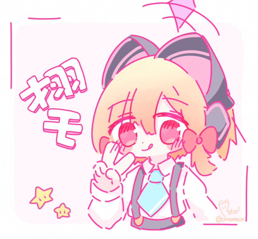 1girl, :p, animal_ear_headphones, animal_ears, aqua_necktie, artist_name, blonde_hair, blue_archive