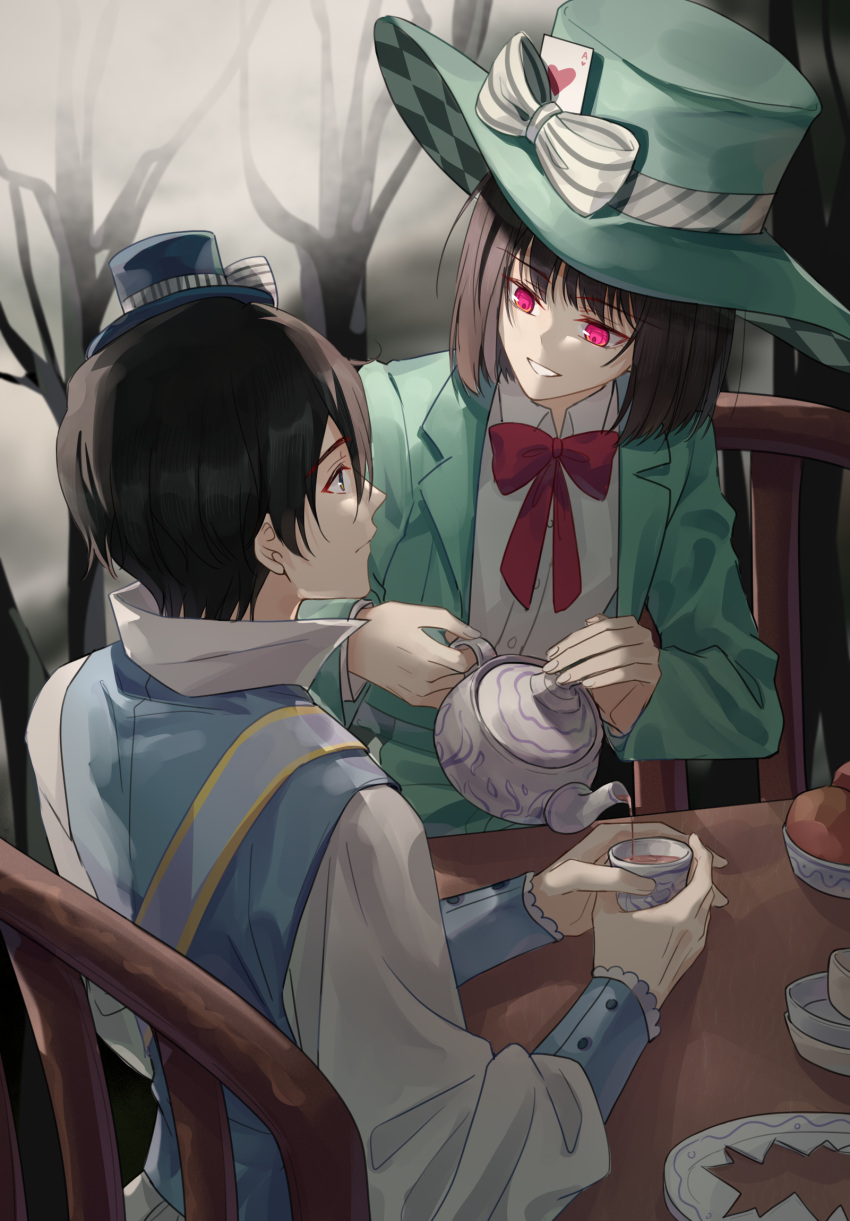 1boy, 1girl, black_hair, blue_vest, bow, card_in_hat, chair, chikong_ice