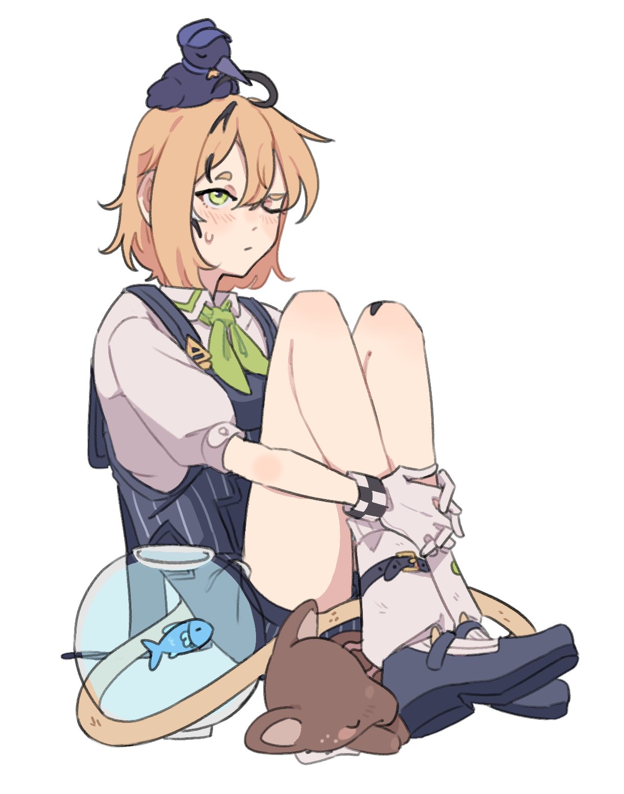 addendium, animal, blonde_hair, blue_overalls, blue_shoes, closed_eyes, closed_mouth, dokibird_(vtuber), dokibird_(vtuber)_(crowki), fish, fishbowl, full_body, gloves, green_eyes, green_necktie, highres, indie_virtual_youtuber, necktie, nimi_nightmare, nimi_nightmare_(tapir), one_eye_closed, overall_shorts, overalls, sameko_saba, shirt, shoes, short_hair, simple_background, sitting, sleeping, socks, solo_focus, sweatdrop, tapir, virtual_youtuber, water, white_background, white_gloves, white_shirt, white_socks