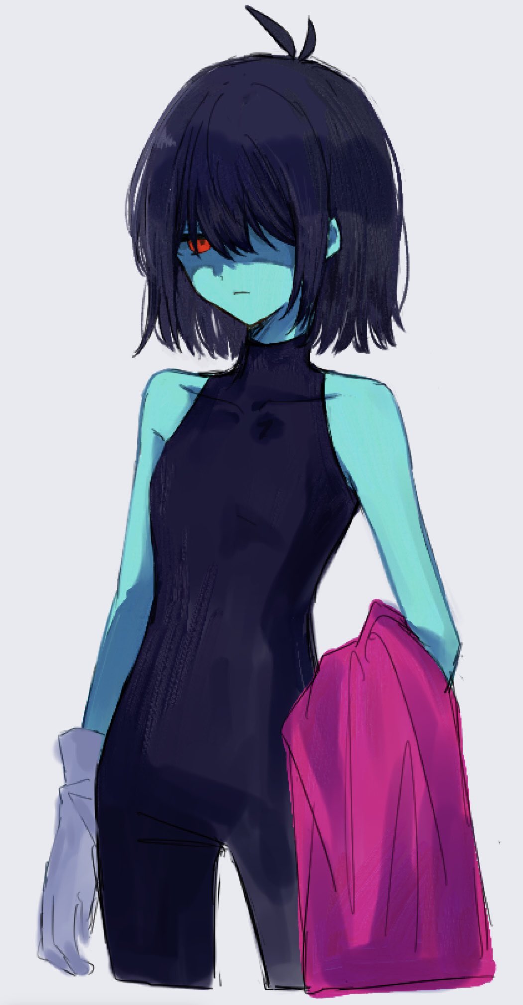 1other, black_unitard, blue_skin, cape, colored_skin, cropped_legs, deltarune, expressionless, gloves, hair_over_one_eye, highres, holding, holding_unworn_cape, holding_unworn_clothes, kris_(dark_world)_(deltarune), kris_(deltarune), partially_shaded_face, red_eyes, simple_background, solo, soratake_53, unitard, unworn_cape, white_gloves