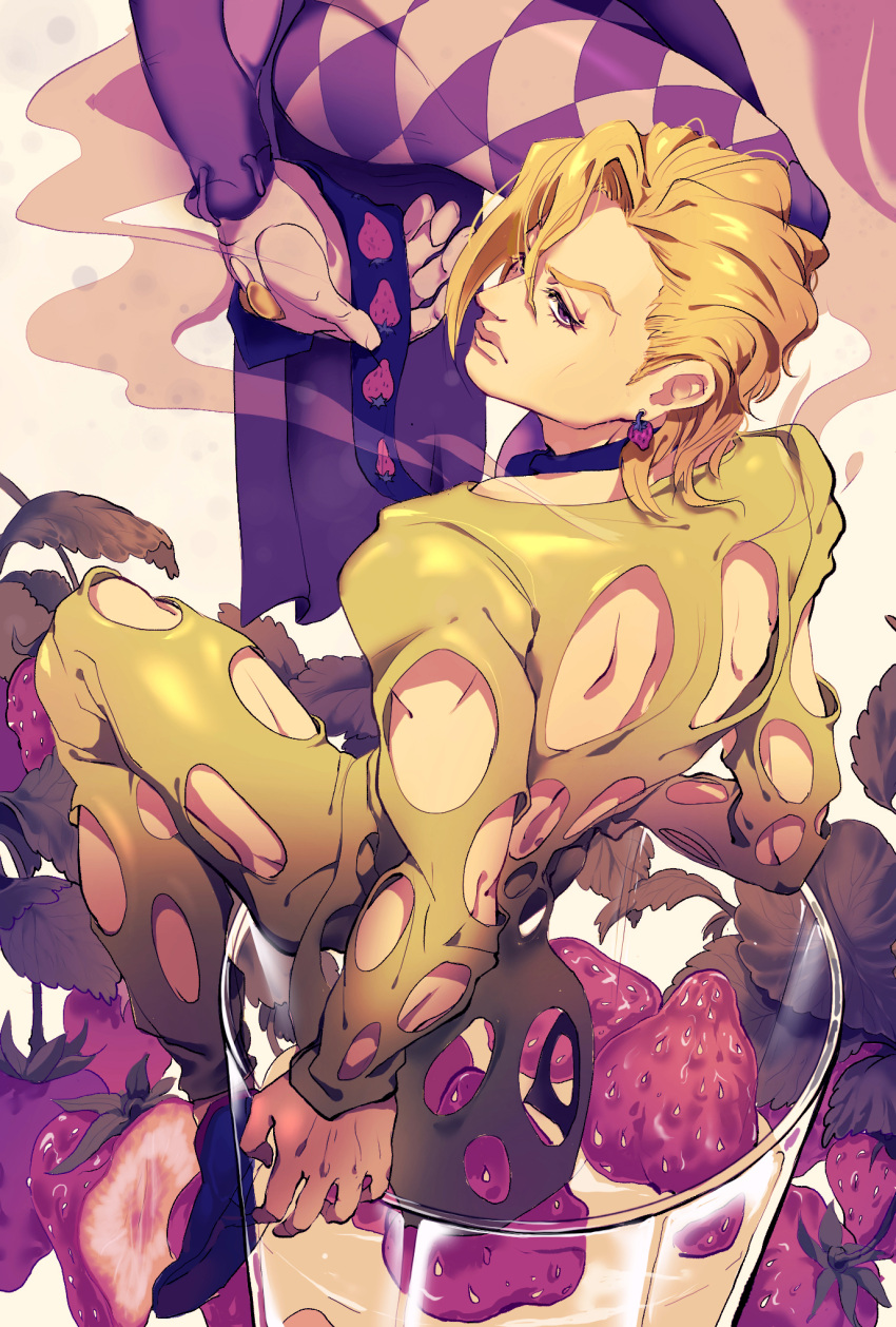 7days411, argyle_skin, blonde_hair, clothing_cutout, commentary, cup, drinking_glass, earrings
