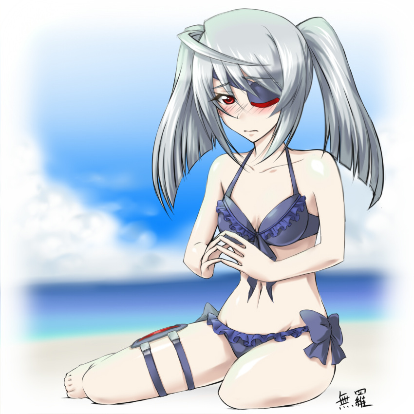 barefoot, bikini, blush, eyepatch, highres, infinite_stratos, laura_bodewig, long_hair, mura_(mu00), red_eyes, silver_hair, swimsuit, thigh_strap, twintails