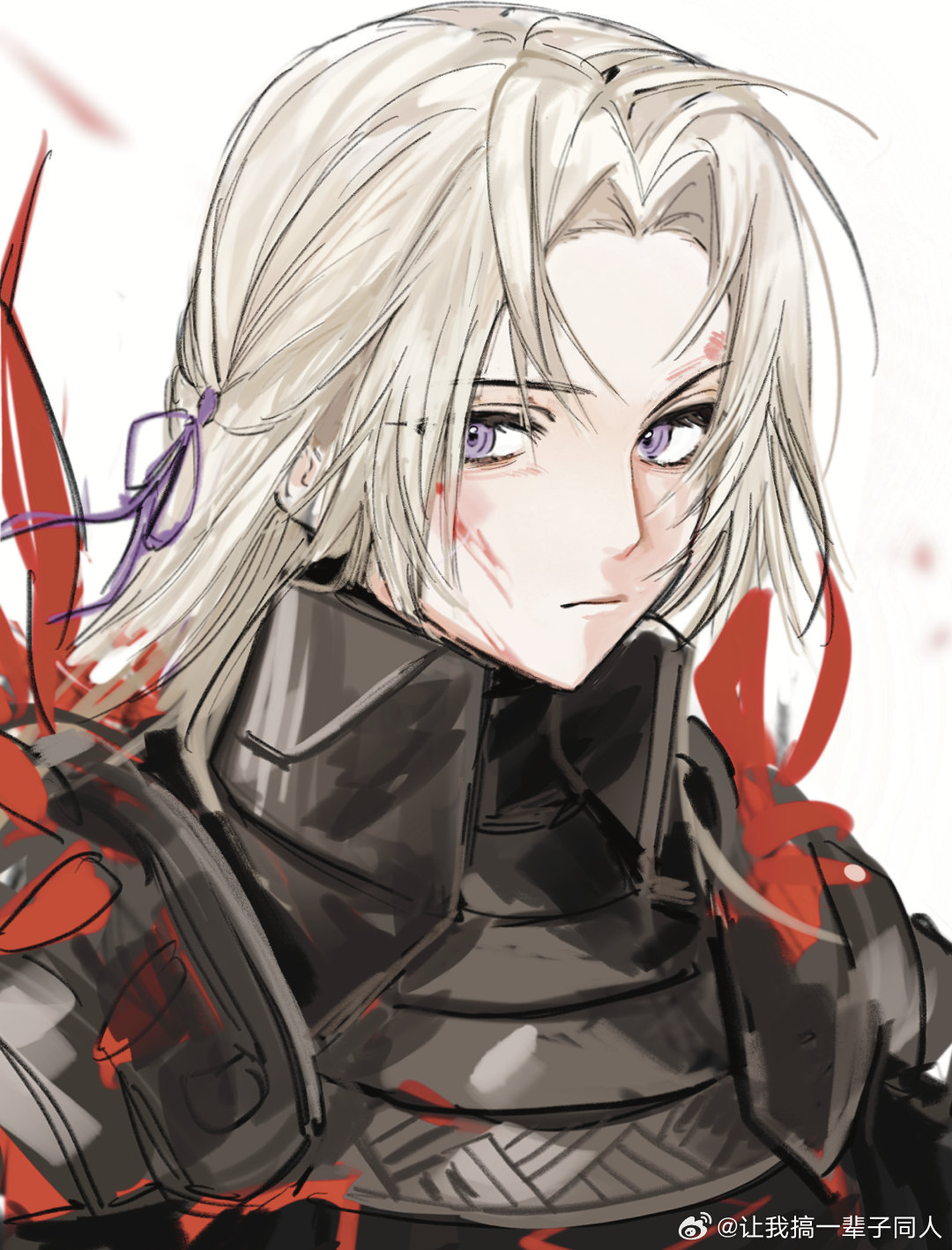 1girl, armor, blonde_hair, blood, blood_on_face, blurry, blurry_background, chinese_commentary, close-up, closed_mouth, edelgard_von_hresvelg, fire_emblem, fire_emblem:_three_houses, flame_emperor, hair_ribbon, highres, long_hair, looking_to_the_side, messy_hair, no_mask, parted_bangs, purple_ribbon, ribbon, simple_background, siy_(shengxiu760722), solo, spoilers, upper_body, violet_eyes, watermark, weibo_watermark, white_background