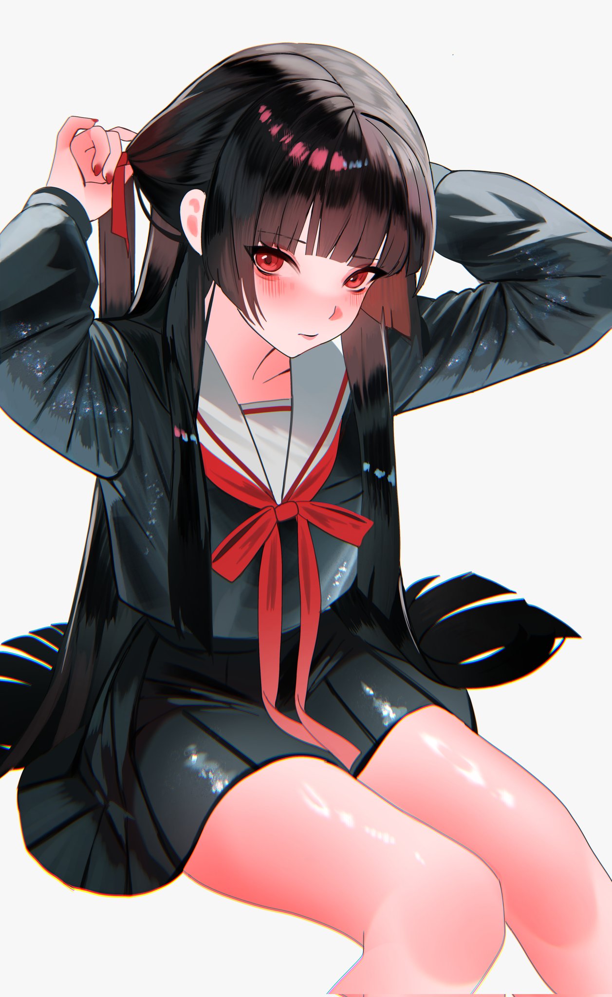 1girl, black_hair, black_shirt, black_skirt, blush, chisa_(wuthering_waves), closed_mouth, commentary, corrupted_twitter_file, fingernails, grey_background, highres, long_hair, long_sleeves, looking_at_viewer, nail_polish, neckerchief, red_eyes, red_nails, red_neckerchief, sailor_collar, sanya_(sanya_lox228), shirt, simple_background, sitting, skirt, solo, thighs, tying_hair, very_long_hair, white_sailor_collar, wuthering_waves