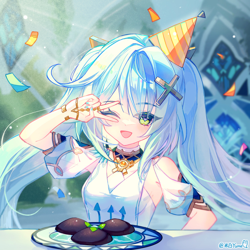 1girl, ;d, blue_hair, blurry, blurry_background, breasts, chinese_commentary, choppy_bangs