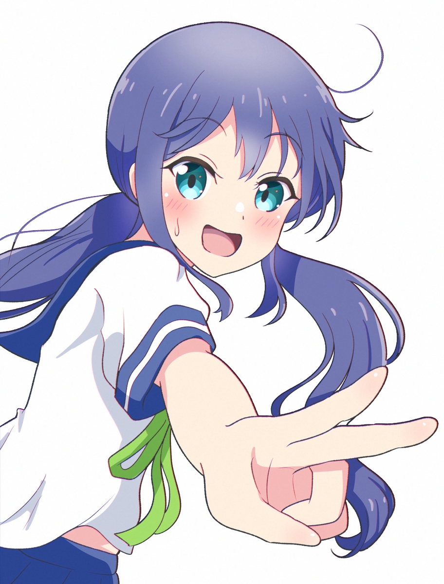 1girl, blue_eyes, blue_skirt, blush, closed_mouth, clouds, commentary, hand_on_own_knee