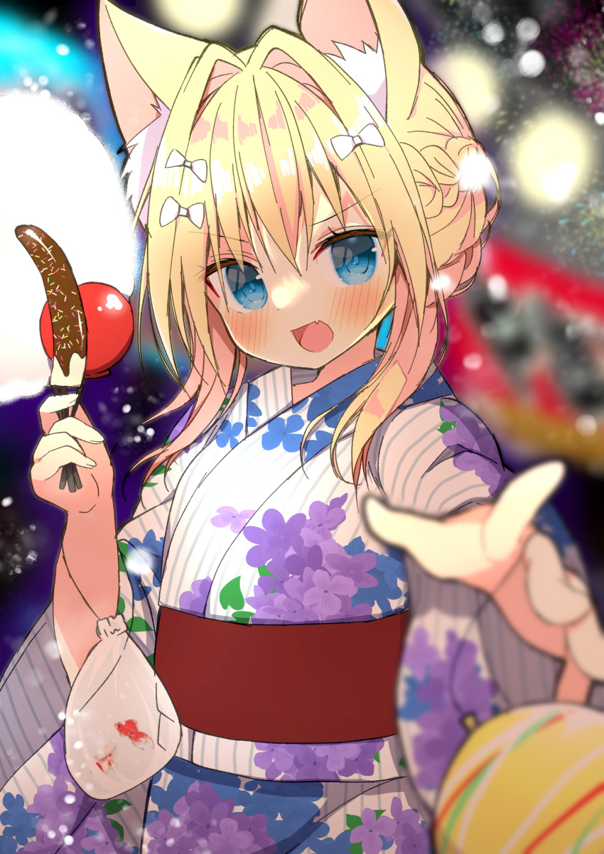 1girl, :d, aerial_fireworks, animal_ear_fluff, animal_ears, bag, bagged_fish, blonde_hair