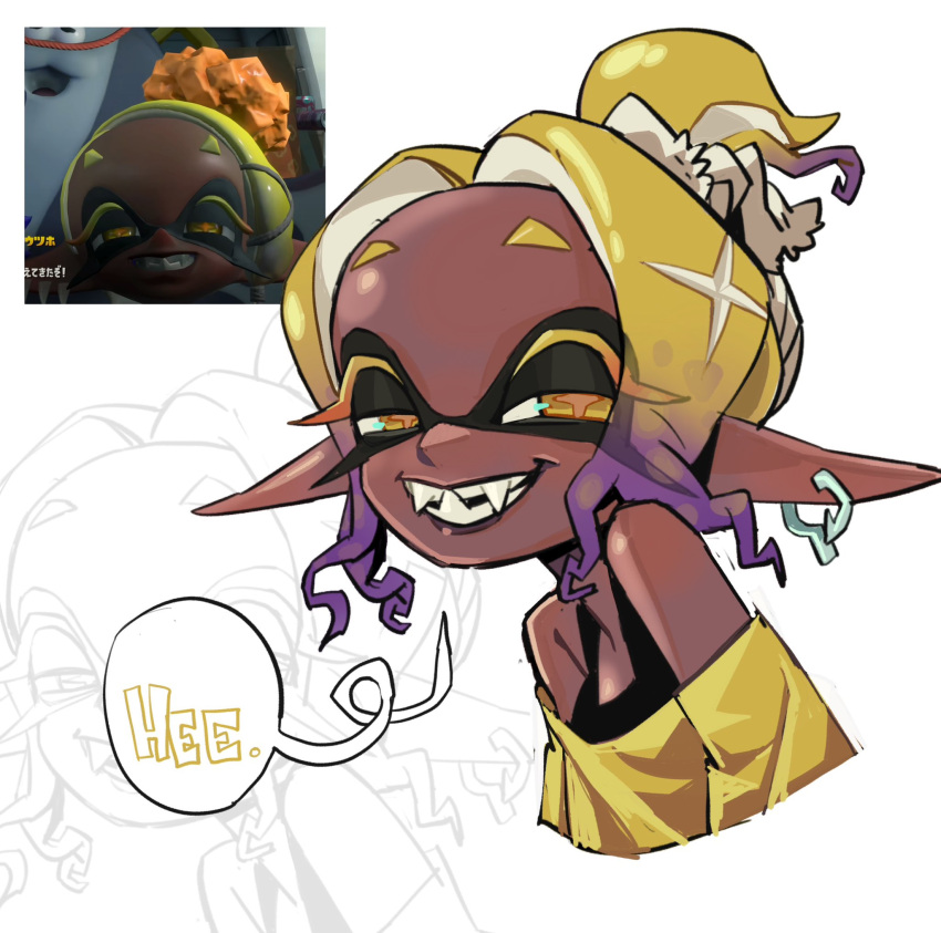 blonde_hair, colored_eyelashes, dark-skinned_female, dark_skin, earrings, fangs, fish_hook_earrings, frye_(splatoon)