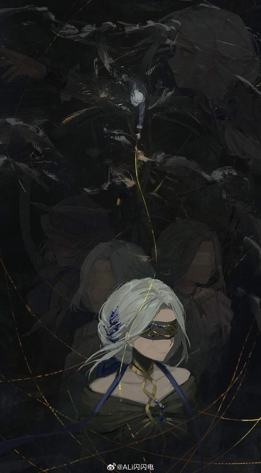 2girls, absurdres, ali_shanshandian, bessmert_(reverse:1999), black_background, black_blindfold, black_coat, black_dress