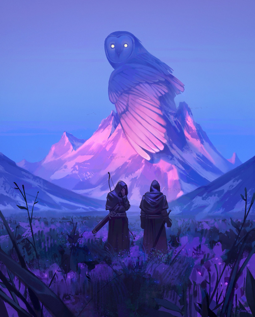 3others, animal, bird, black_gloves, bow, capelet, commentary, english_commentary, flower, gloves, glowing, glowing_eyes, highres, hood, hooded_capelet, jocelin_carmes, mountain, mountainous_horizon, multiple_others, original, outdoors, oversized_animal, owl, perched, plant, purple_flower, quiver, scabbard, sheath, sheathed, size_difference, solid_circle_eyes, standing, sword, weapon, yellow_eyes