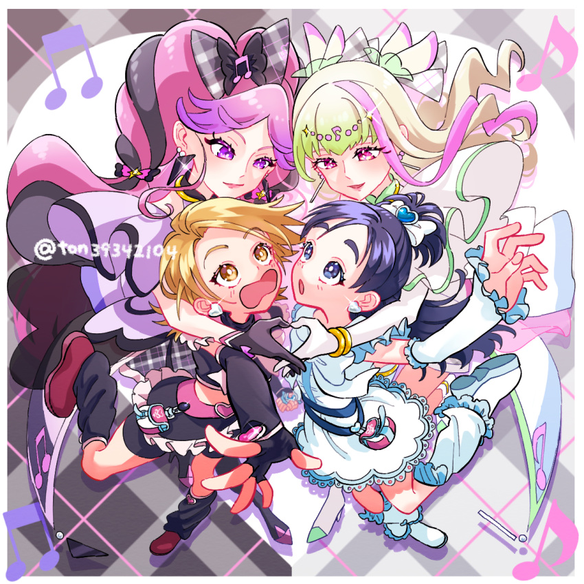4girls, belt_pouch, black_gloves, blonde_hair, blue_eyes, blunt_bangs, blush, boots, braid, closed_mouth, commentary, cure_black, cure_kiss, cure_white, cure_zukyuun, dress, earrings, english_commentary, floating_hair, frilled_dress, frilled_skirt, frilled_sleeves, frills, from_behind, futari_wa_precure, gingham_background, gloves, gradient_hair, hair_ornament, hair_ribbon, hair_wings, half_up_bun, heart, heart_belt, heart_earrings, heart_hands, heart_ribbon, high_heels, in-franchise_crossover, jewelry, kimi_to_idol_precure, long_hair, looking_down, looking_up, medium_hair, midriff_peek, misumi_nagisa, multicolored_hair, multiple_earrings, multiple_girls, musical_note, musical_note_hair_ornament, open_mouth, parted_bangs, pink_hair, pouch, precure, ribbon, skirt, surprised, ton_(ton39342104), twin_braids, twintails, twitter_username, very_long_hair, violet_eyes, white_gloves, wing_hair_ornament, wrist_cuffs, yukishiro_honoka