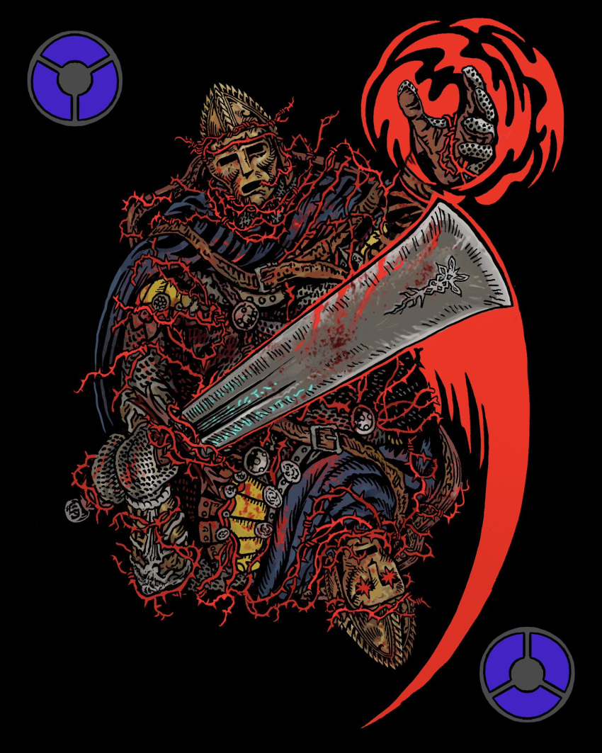 1boy, armor, bell_bearing_hunter_(elden_ring), black_background, black_cape, cape, card_(medium), chainmail