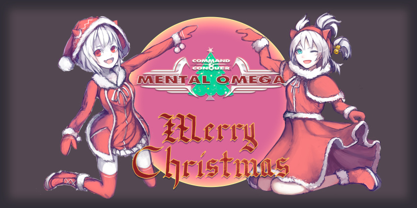 :d, absurdres, alternate_costume, bell, boots, breasts, christmas, christmas_tree, clothes_lift, command_&amp;_conquer, command_&amp;_conquer:_red_alert, command_&amp;_conquer:_red_alert_2, dress, english_text, fang, fur-trimmed_boots, fur-trimmed_collar, fur-trimmed_dress, fur-trimmed_skirt, fur-trimmed_sleeves, fur_trim, green_eyes, hairband, hat, highres, horned_hat, jingle_bell, libra_(mental_omega), logo, merry_christmas, mittens, multi-tied_hair, mys_sk, neck_ribbon, one_eye_closed, pale_skin, pink_hair, red_boots, red_eyes, red_hairband, red_mittens, red_thighhighs, ribbon, santa_costume, santa_dress, santa_hat, short_hair, skirt, skirt_lift, small_breasts, smile, thigh-highs, white_hair, yunru_(mental_omega)