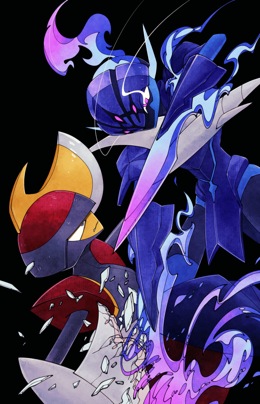2others, absurdres, armor, attack, bisharp, black_armor, black_background, black_helmet