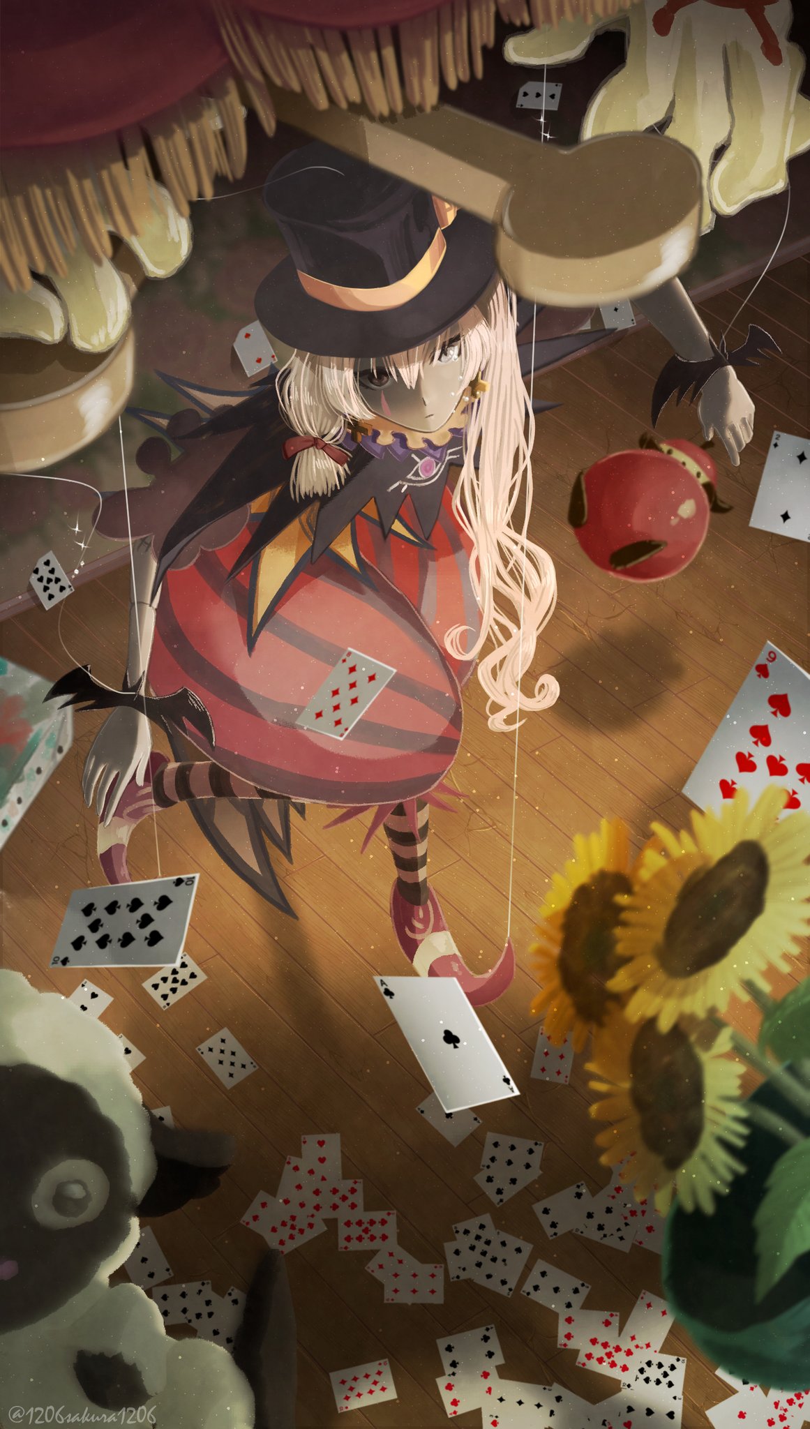 1girl, animal, artist_name, asymmetrical_hair, bat_ornament, black_hat, black_stripes, card, closed_mouth, commentary_request, control_bar, curtains, dolce_(rune_factory), doll_joints, dress, expressionless, floating, flower, fringe_trim, from_above, full_body, fusion, grey_eyes, hair_half_undone, hat, highres, joints, leg_up, looking_at_viewer, marionetta_(rune_factory), marionette, medium_dress, mokomoko_(rune_factory), pantyhose, partially_shaded_face, pink_hair, playing_card, pointy_shoes, puppet, puppet_strings, red_dress, red_shoes, rune_factory, rune_factory_4, sakura_tecco, shadow, sheep, shoes, solo, stage_curtains, standing, standing_on_one_leg, striped_clothes, striped_pantyhose, sunflower, tears, top_hat, twitter_username, white_stripes, wooden_floor