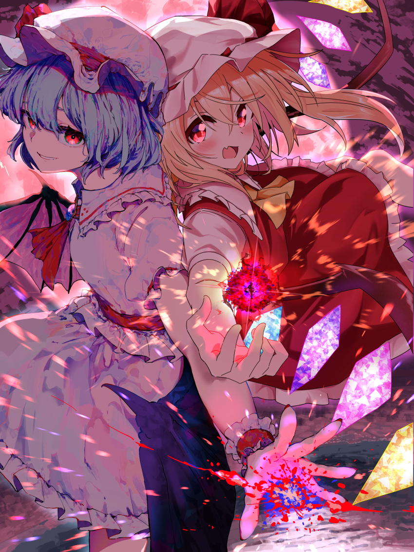 2girls, absurdres, aoi_1013ss, artist_collaboration, ascot, bat_wings, blonde_hair, blue_eyes