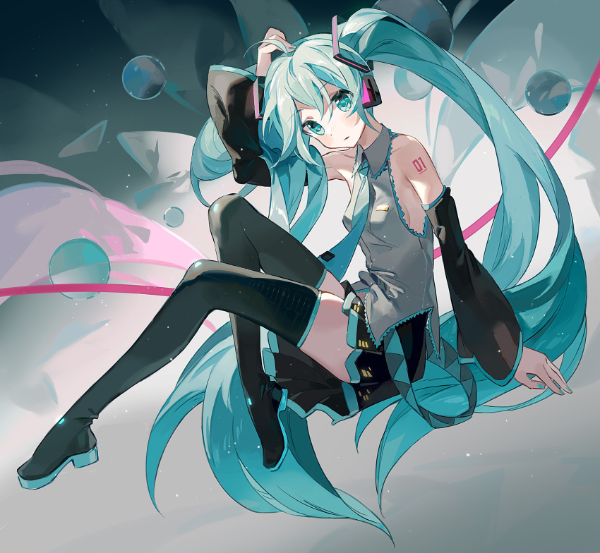 1girl, aqua_eyes, aqua_hair, black_thighhighs, collar, commentary, detached_sleeves, hatsune_miku