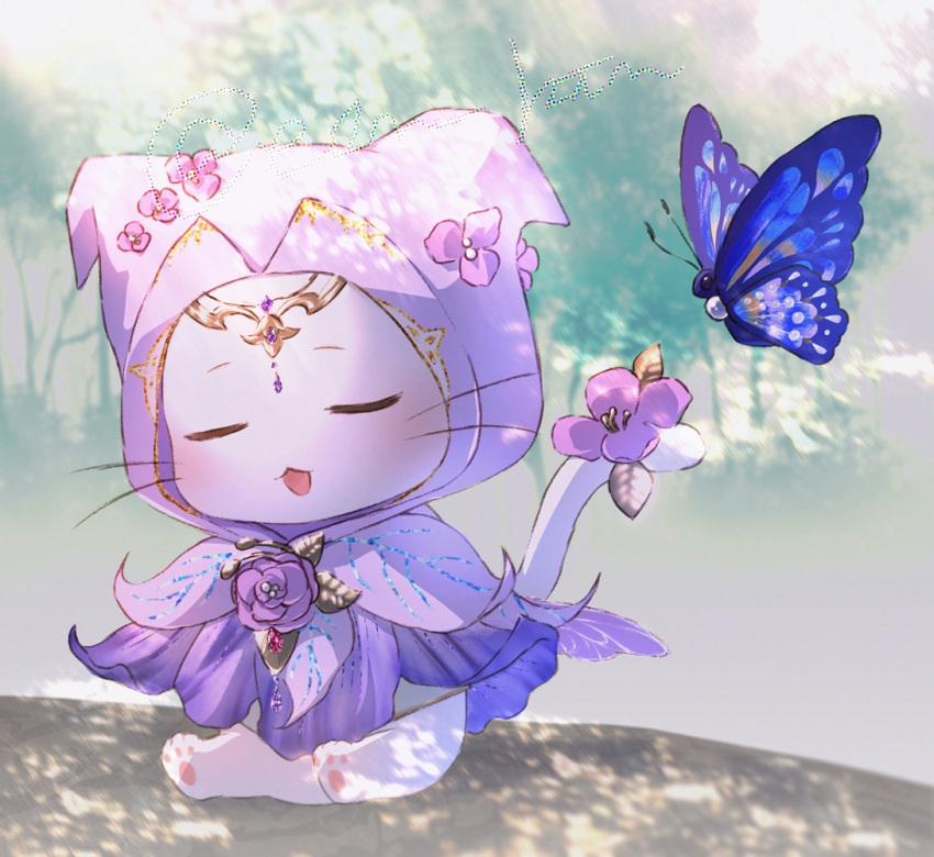 animal_focus, blue_butterfly, brooch, bug, butterfly, circlet, cloak, closed_eyes