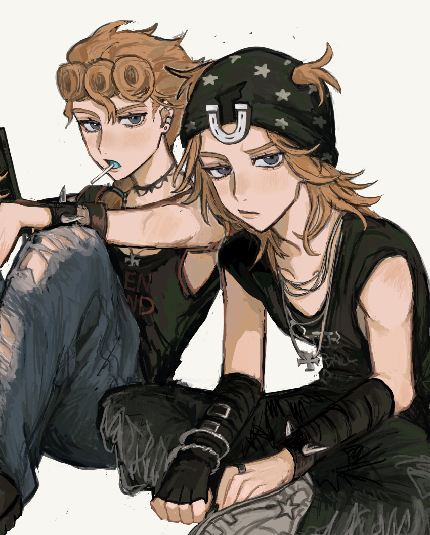 2boys, absurdres, alternate_costume, aoiro0401, beanie, blonde_hair, blue_eyes, earrings, giorno_giovanna, hat, highres, horseshoe, horseshoe_hat_ornament, horseshoe_ornament, in-franchise_crossover, jewelry, johnny_joestar, jojo_no_kimyou_na_bouken, long_hair, male_focus, multiple_boys, star_(symbol), star_print, steel_ball_run, vento_aureo, victory_rolls
