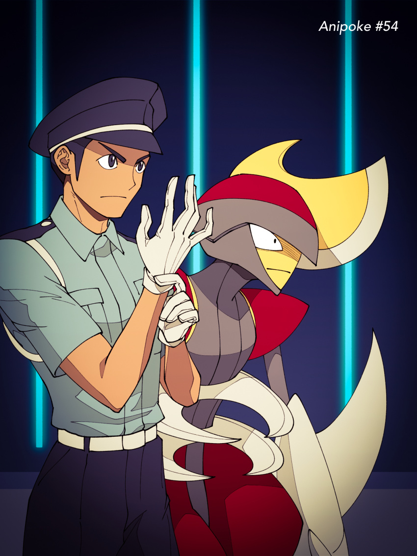 1boy, 1other, adjusting_clothes, adjusting_gloves, arm_blade, arm_up, belt, bisharp, black_hat, black_pants, blue_background, blue_pants, blue_shirt, character_request, copyright_request, dress_shirt, english_text, epaulettes, facing_to_the_side, gloves, gradient_background, grey_helmet, grey_trim, hat, helmet, highres, leaning_forward, open_hand, pants, pokemon, pokemon_(creature), police, police_hat, police_uniform, red_helmet, red_trim, shirt, shoulder_pads, side-by-side, umi-be-to, violet_eyes, weapon, white_belt, white_gloves