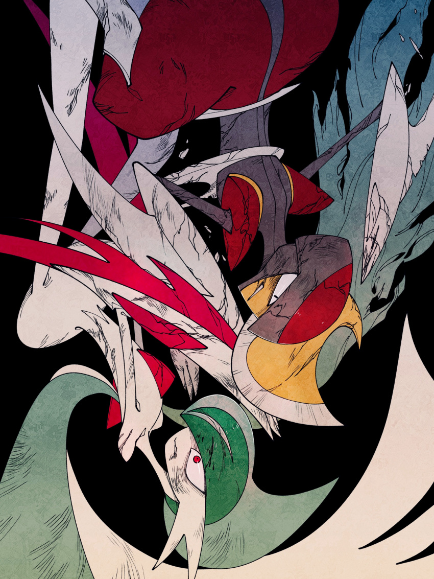 2others, arm_blade, armor, battle, battle_damage, bisharp, black_background, broken, broken_armor, broken_weapon, cloak, cracked_armor, cracked_helmet, cracked_skin, facing_another, falling, gallade, gem, green_hair, green_helmet, grey_helmet, grey_trim, grimace, helmet, highres, injury, looking_at_another, looking_down, mega_gallade, midair, mohawk, multiple_others, outstretched_arms, pokemon, pokemon_(creature), red_eyes, red_gemstone, red_helmet, red_trim, umi-be-to, weapon, white_cloak