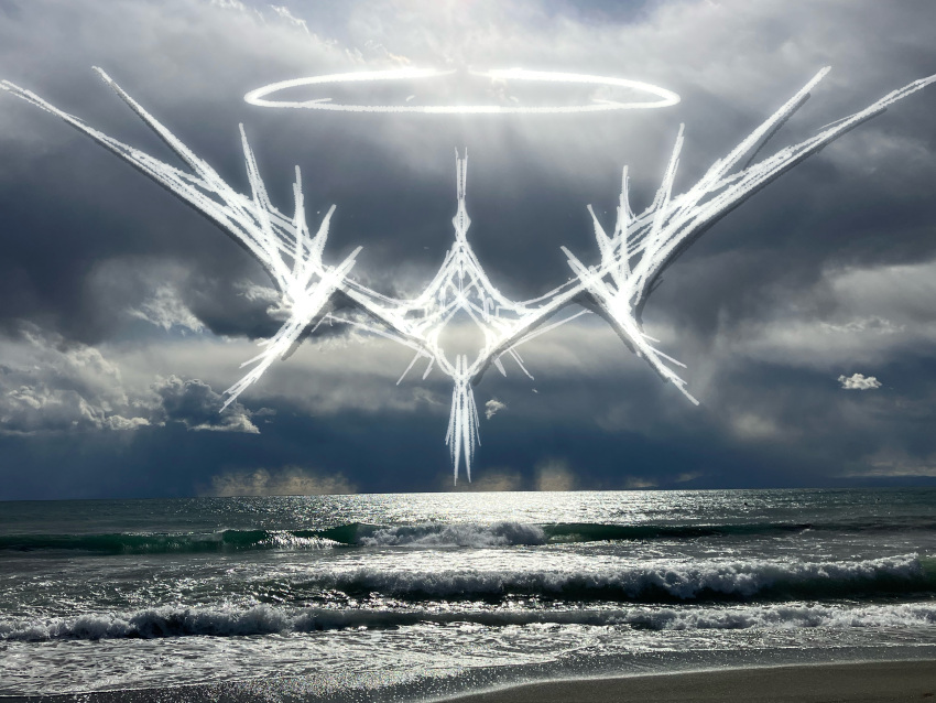 abstract, absurdres, beach, clouds, cloudy_sky, floating, giant, giant_monster