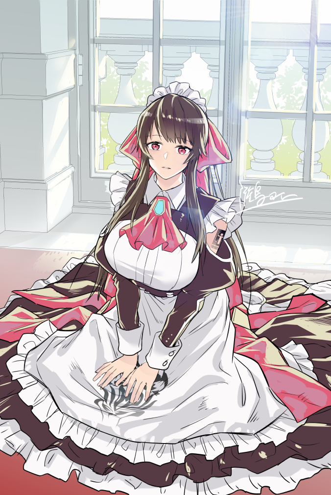 1girl, amagi_(oreaku), apron, brown_hair, jewelry, looking_at_viewer, maid, maid_apron