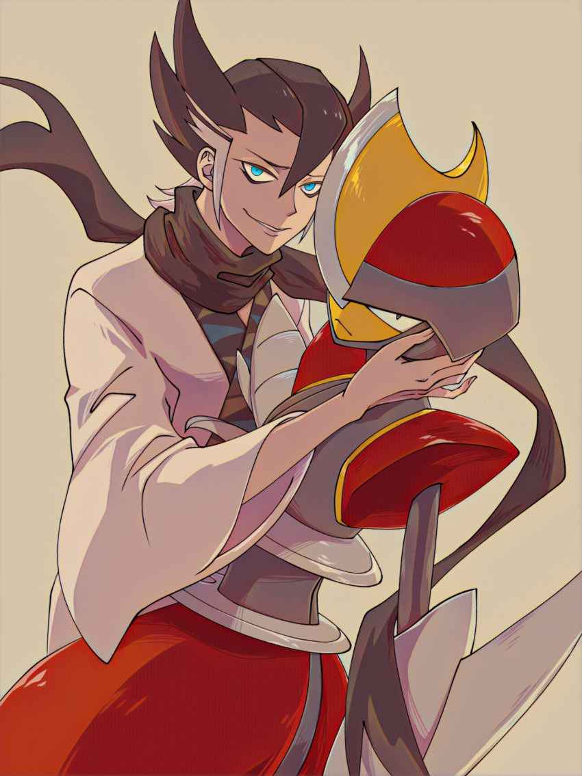 1boy, 1other, arm_blade, bisharp, black_hair, black_helmet, black_scarf, black_trim, blue_eyes, colored_tips, facing_another, facing_to_the_side, grey_trim, grimsley_(pokemon), grin, hair_between_eyes, hair_slicked_back, hand_on_another's_cheek, hand_on_another's_chest, hand_on_another's_face, helmet, highres, japanese_clothes, kimono, leaning_back, leaning_on_person, looking_at_viewer, looking_to_the_side, multicolored_hair, pokemon, pokemon_(creature), pokemon_bw2, red_helmet, red_trim, scarf, shoulder_pads, smile, spiky_hair, umi-be-to, weapon, white_kimono, yellow_background