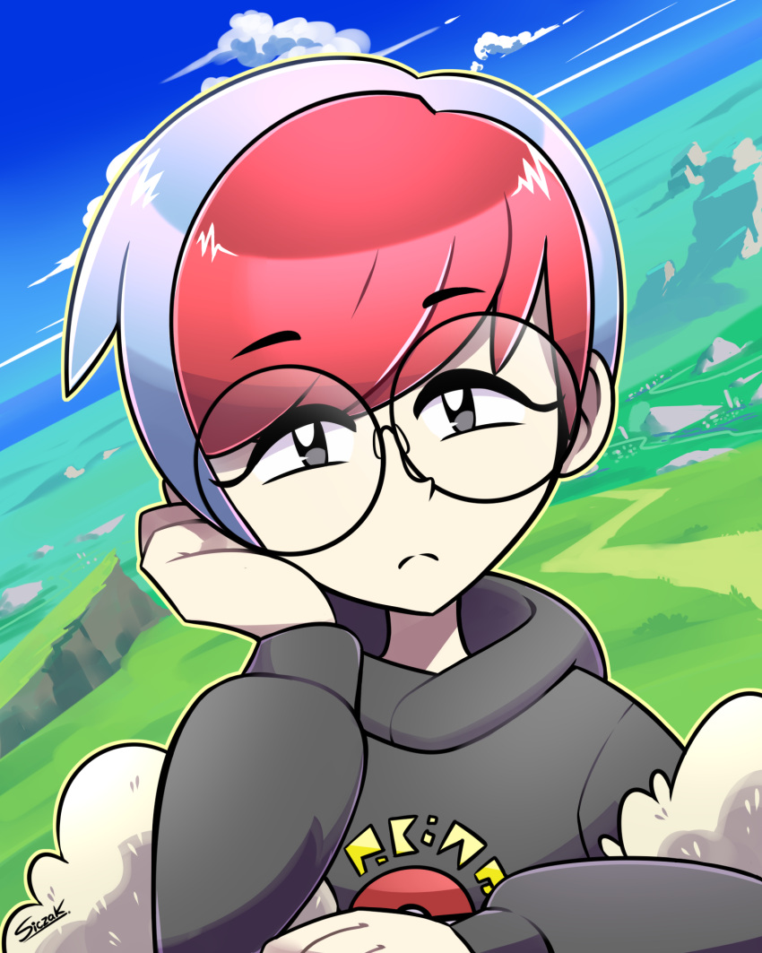 1girl, blue_hair, blue_sky, closed_mouth, commentary, day, english_commentary, eyelashes