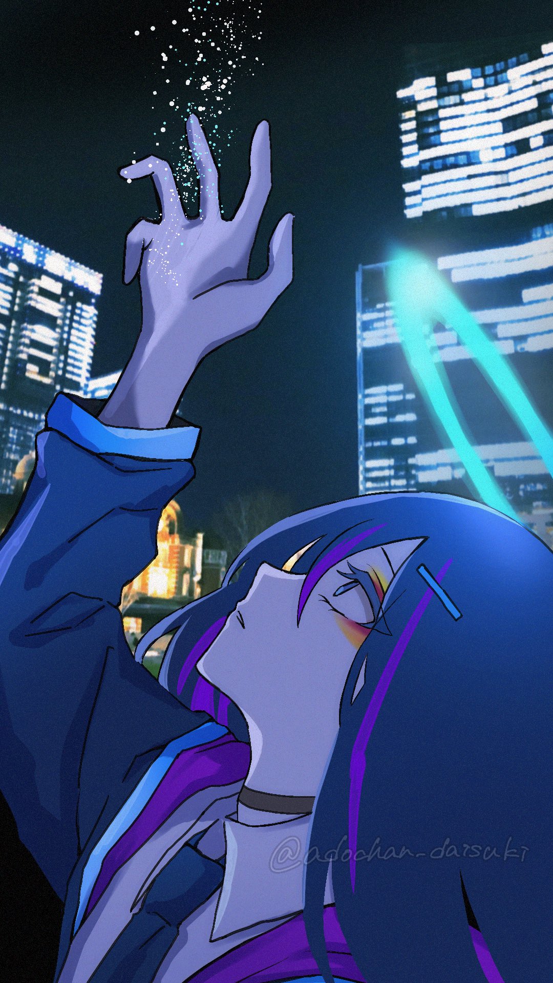1girl, ado_(utaite), black_choker, blue_hair, blue_jacket, blue_necktie, choker, collared_shirt