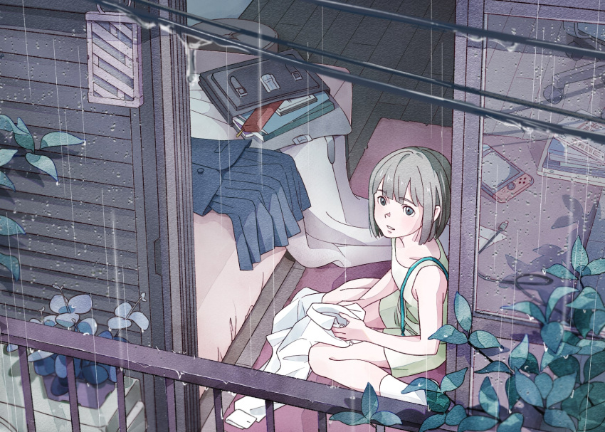 1girl, black_eyes, grey_hair, highres, indoors, leaf, morison, original