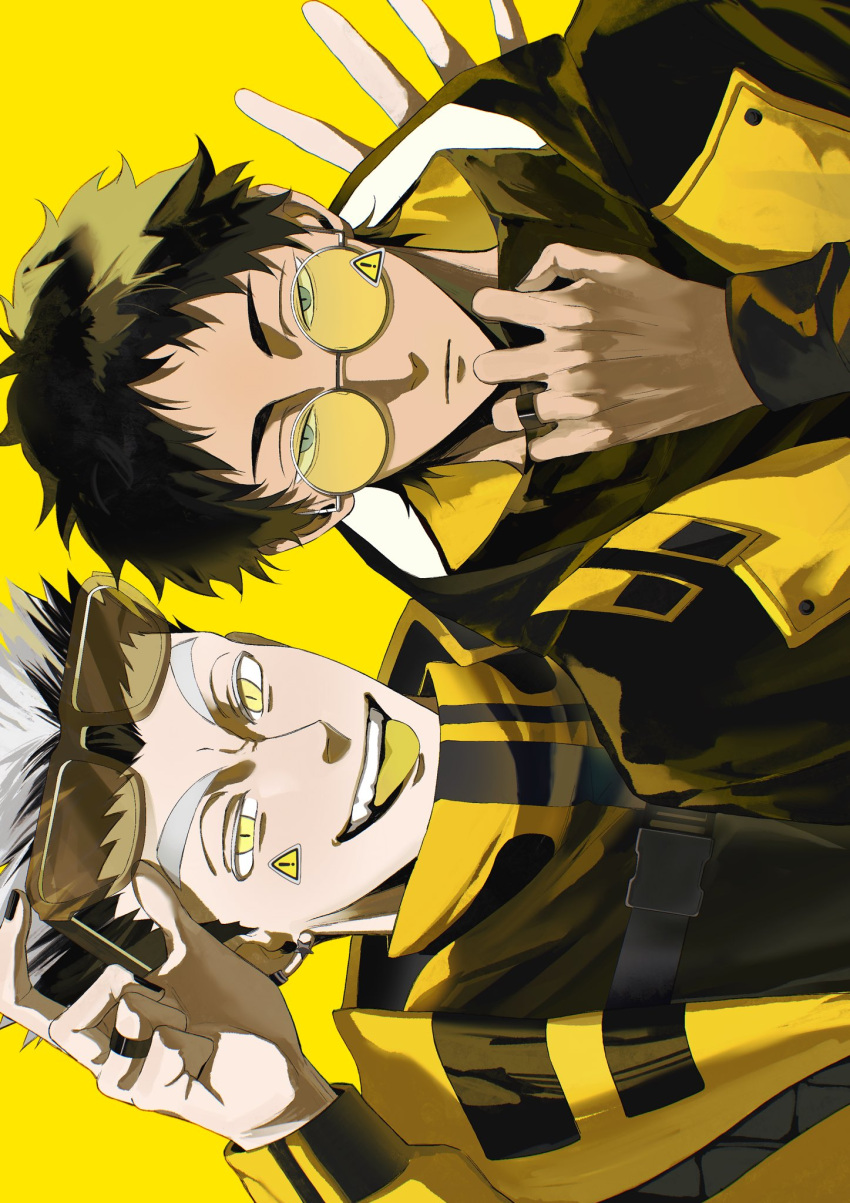 2boys, akaashi_keiji, alternate_costume, black_hair, black_jacket, black_nails, blue_eyes, bokuto_koutarou, colored_tongue, ear_piercing, earrings, haikyuu!!, high_collar, highres, jacket, jewelry, long_sleeves, looking_at_viewer, male_focus, multicolored_hair, multiple_boys, nail_polish, piercing, ring, short_hair, sideways, simple_background, streaked_hair, teeth, tinted_eyewear, two-tone_hair, upper_body, upper_teeth_only, wansan_hq, white_hair, yellow-framed_eyewear, yellow-tinted_eyewear, yellow_background, yellow_eyes, yellow_jacket, yellow_theme, yellow_tongue