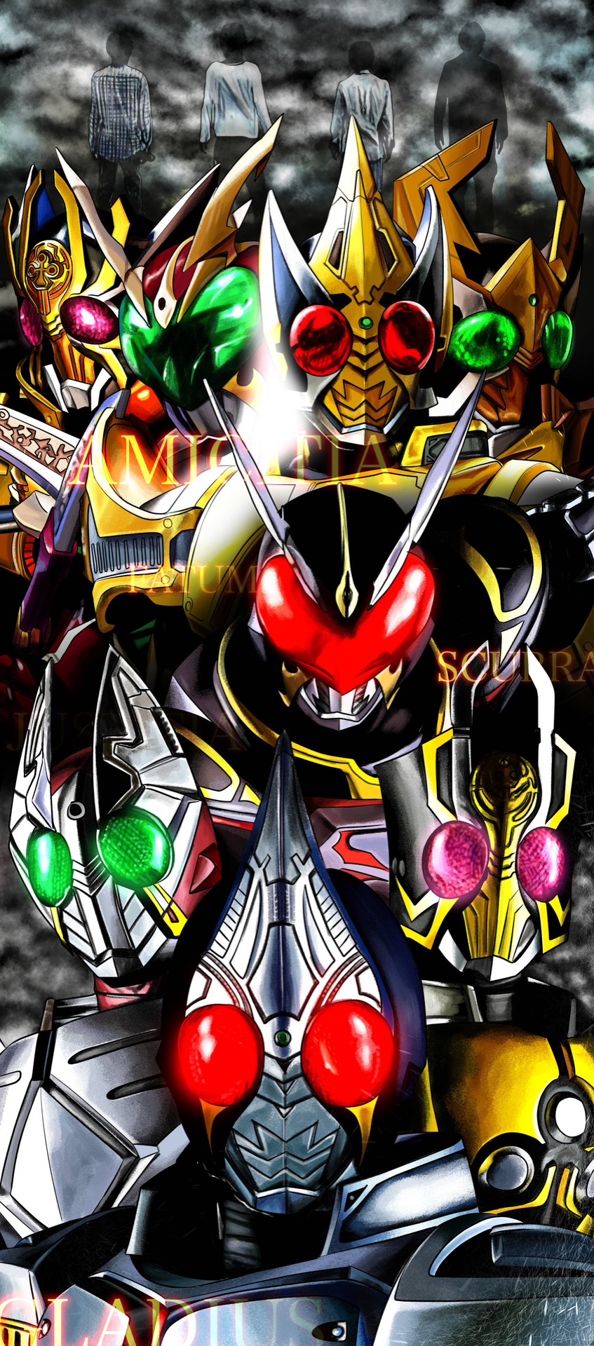 4ze_meteor, aikawa_hajime, armor, black_hair, commentary_request, highres, kamen_rider, kamen_rider_blade, kamen_rider_blade_(king_form), kamen_rider_blade_(series), kamen_rider_chalice, kamen_rider_garren, kamen_rider_garren_(king_form), kamen_rider_leangle, kamen_rider_leangle_(king_form), kamen_rider_wild_chalice, kamijo_mutsuki, kenzaki_kazuma, male_focus, multiple_boys, tachibana_sakuya_(kamen_rider_blade)