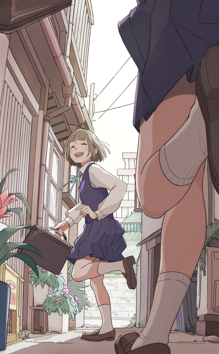 2girls, :d, ^_^, absurdres, book, bookshelf, brown_hair, closed_eyes