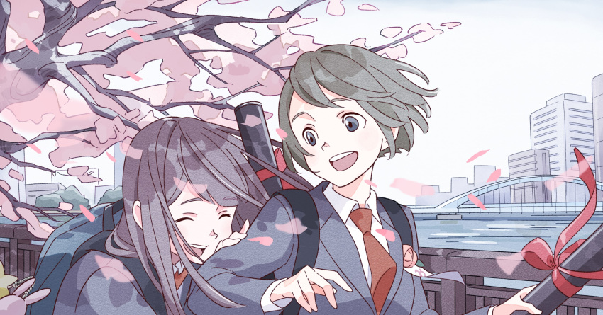 2girls, backpack, bag, black_hair, cherry_blossoms, closed_eyes, highres, morison