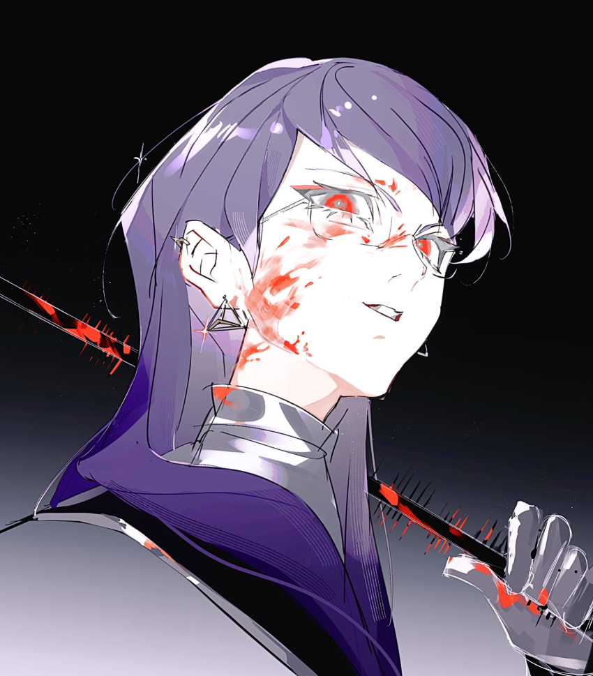1girl, blood, blood_on_face, blood_on_hands, blood_on_weapon, commentary, earrings, glasses, highres, holding, holding_weapon, jewelry, looking_at_viewer, purple_hair, red_eyes, shizuhara_hiruko, solo, teeth, the_hundred_line_-last_defense_academy-, voltmeter_f, weapon