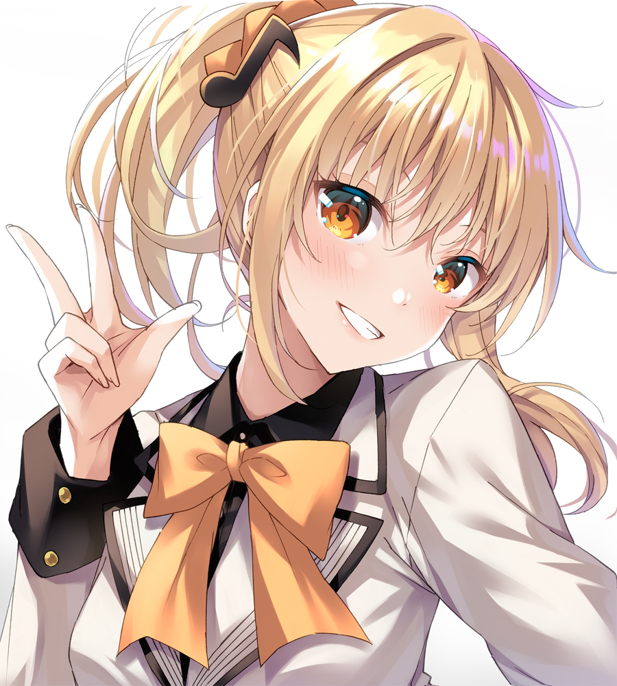 1girl, blonde_hair, blush, bow, bowtie, commentary_request, future_parade_(love_live!), grin, hair_ornament, jacket, looking_at_viewer, love_live!, love_live!_nijigasaki_high_school_idol_club, miyashita_ai, musical_note, musical_note_hair_ornament, ponytail, smile, solo, teeth, w, wakui_tomo, white_background, white_jacket, yellow_bow, yellow_bowtie, yellow_eyes