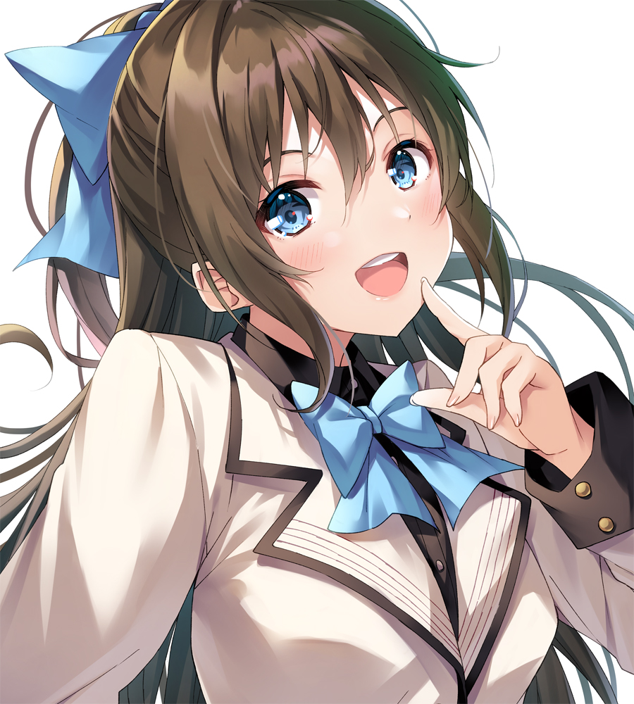 1girl, blue_bow, blue_bowtie, blue_eyes, blush, bow, bowtie, brown_hair