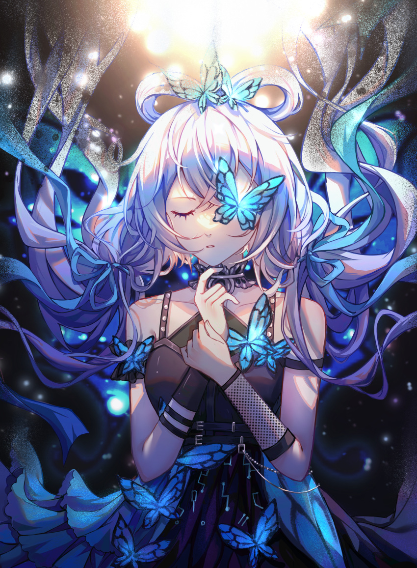1girl, absurdres, black_dress, blue_butterfly, bug, butterfly, butterfly_on_head, butterfly_over_eye, closed_eyes, dark_background, dress, facing_viewer, feixianji_(hairstyle), floating_hair, grey_hair, hair_floating_upwards, hands_up, highres, holding_own_wrist, light_particles, low_twintails, luo_tianyi, oriane, parted_lips, sleeveless, sleeveless_dress, solo, too_many, too_many_butterflies, twintails, upper_body, vocaloid, vsinger_(vocaloid)
