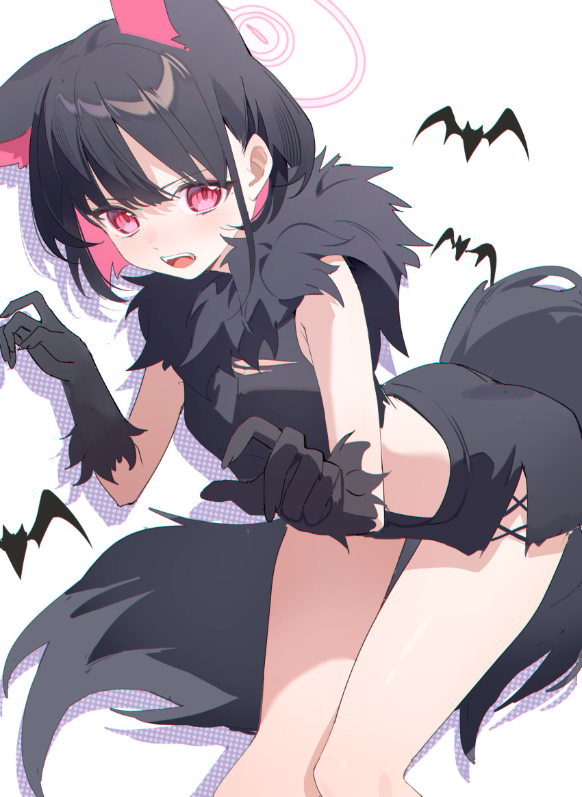 1girl, absurdres, animal_ears, ass, bent_over, black_gloves, black_hair, black_scarf, blue_archive, blunt_bangs, bob_cut, cat_ears, claw_pose, colored_inner_animal_ears, colored_inner_hair, commentary_request, extra_ears, fake_tail, fur_scarf, gloves, halo, highres, kazusa_(blue_archive), kazusa_(halloween)_(blue_archive), looking_at_viewer, midriff, multicolored_hair, official_alternate_costume, red_eyes, scarf, short_hair, sidelocks, simple_background, solo, tail, two-tone_hair, werewolf_costume, white_background, wolf_tail, yunweishukuang