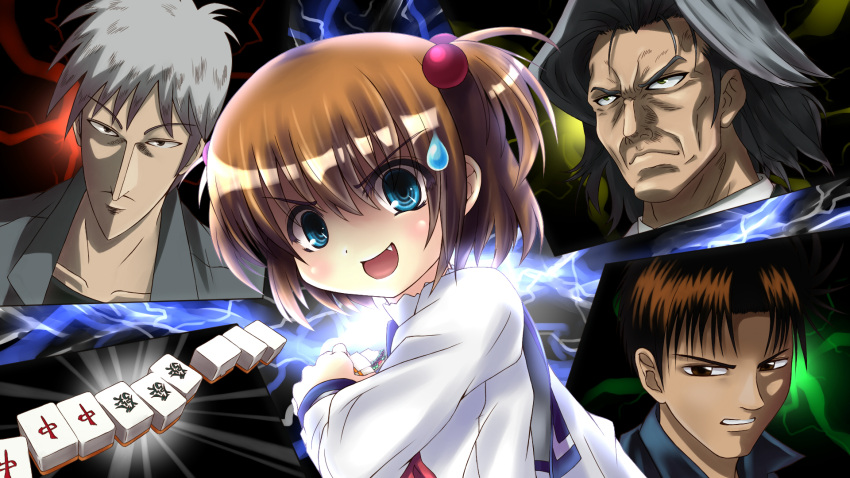 akagi_shigeru, asada_tetsuya, black_eyes, black_hair, blue_eyes, crossover, fang, grey_hair