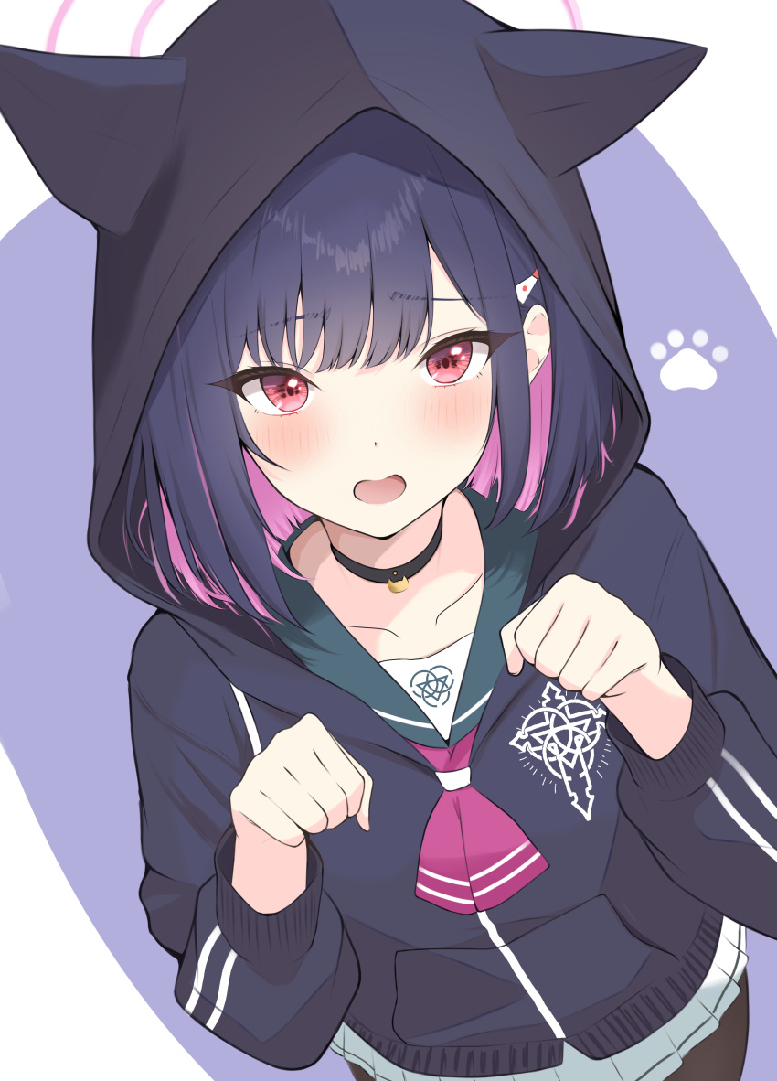 1girl, absurdres, bell, black_collar, black_hair, black_hoodie, blue_archive, blush, cat_choker, collar, colored_inner_hair, green_sailor_collar, hair_ornament, hairpin, highres, hood, hooded_jacket, hoodie, jacket, kazusa_(blue_archive), kurumi_kororin, long_sleeves, looking_at_viewer, multicolored_hair, neck_bell, neckerchief, open_mouth, paw_pose, pink_neckerchief, pleated_skirt, red_eyes, sailor_collar, skirt, solo, two-tone_hair, white_skirt