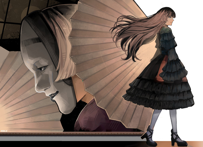 1girl, absurdres, bell_sleeves, black_dress, black_hair, black_shoes, choker, closed_mouth