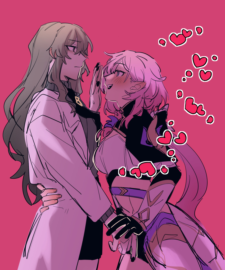 2girls, black_gloves, black_necktie, black_shorts, black_skirt, blush, breasts, coat